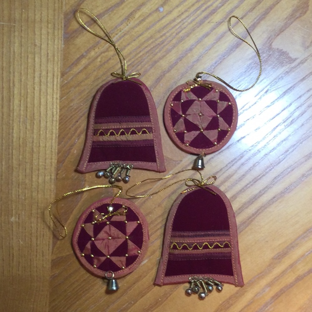 4 Red/Gold Bell and Ball Ornaments-Thailand